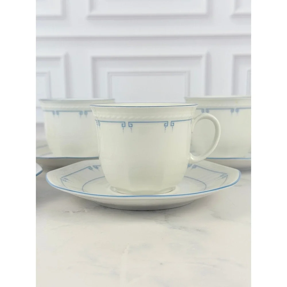Schirnding Bavaria MCM Blue Greek Key Set of 6 Teacups & 5 Saucers
